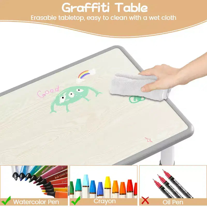 Set Tavolo Grigio Regolabile in Altezza per Bambini e 6 Sedie, Età 2-10 Anni, 6 Posti
