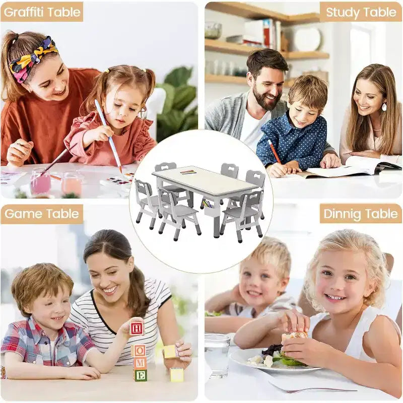 Set Tavolo Grigio Regolabile in Altezza per Bambini e 6 Sedie, Età 2-10 Anni, 6 Posti