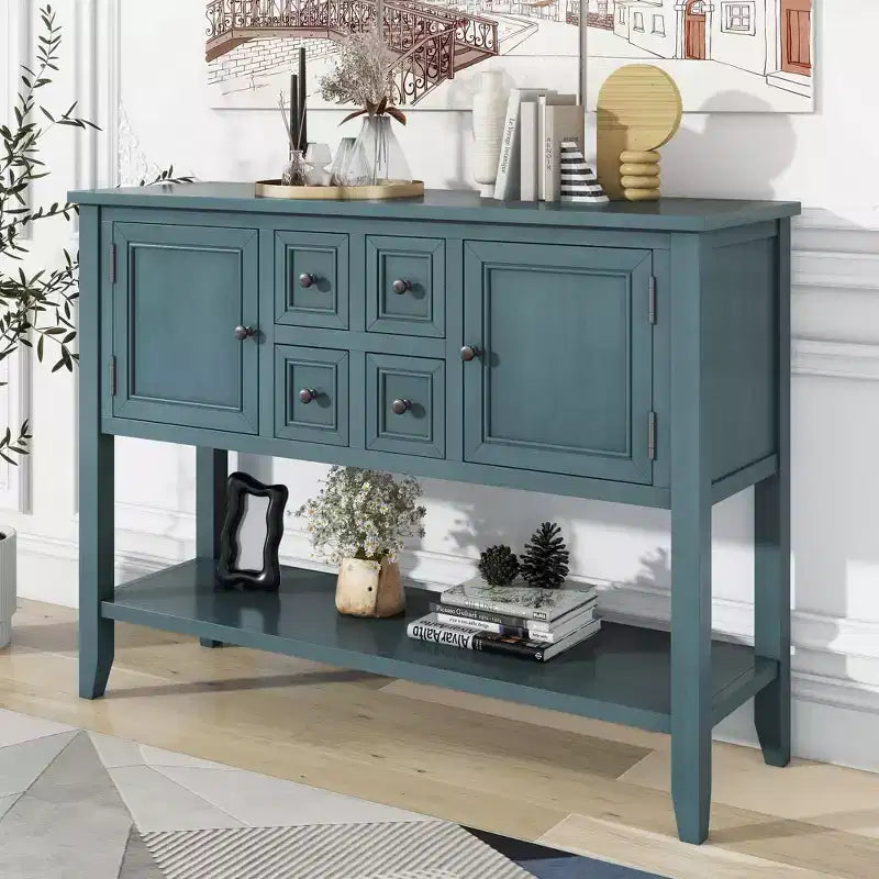 Consolle vintage con 4 cassetti e ripiano – Grigio antico / Blu scuro / Blu marino chiaro / Bianco lime / Blu retrò / Bianco – Montaggio da 1 persona