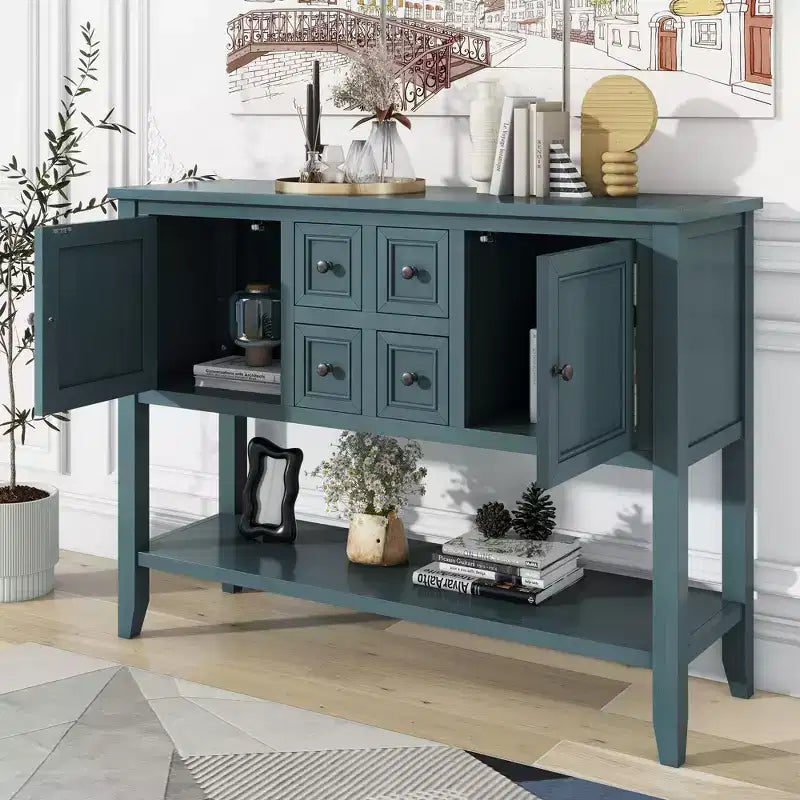 Consolle vintage con 4 cassetti e ripiano – Grigio antico / Blu scuro / Blu marino chiaro / Bianco lime / Blu retrò / Bianco – Montaggio da 1 persona