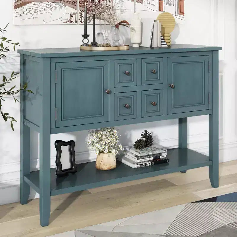 Consolle vintage con 4 cassetti e ripiano – Grigio antico / Blu scuro / Blu marino chiaro / Bianco lime / Blu retrò / Bianco – Montaggio da 1 persona