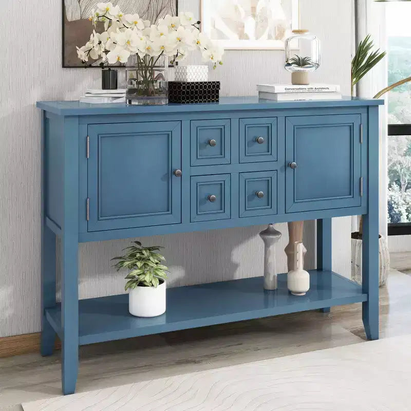 Consolle vintage con 4 cassetti e ripiano – Grigio antico / Blu scuro / Blu marino chiaro / Bianco lime / Blu retrò / Bianco – Montaggio da 1 persona