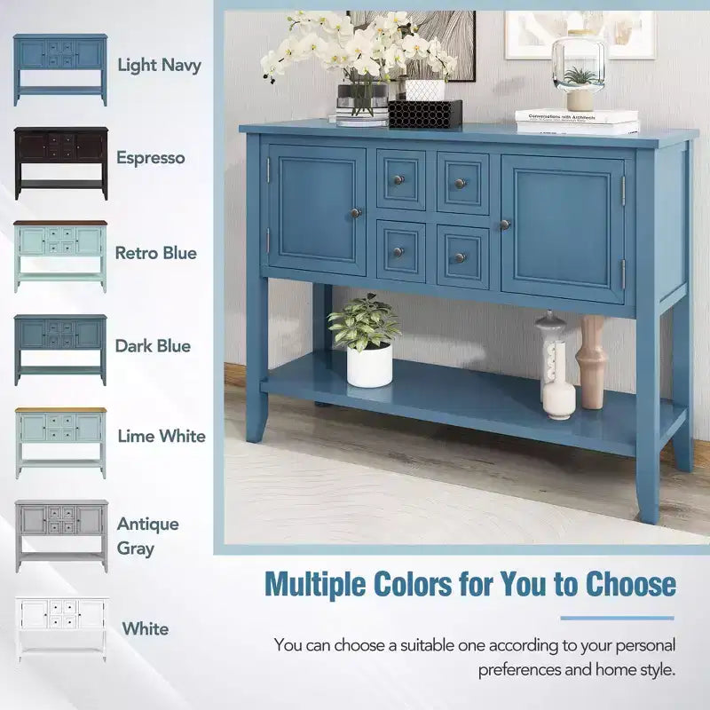 Consolle vintage con 4 cassetti e ripiano – Grigio antico / Blu scuro / Blu marino chiaro / Bianco lime / Blu retrò / Bianco – Montaggio da 1 persona