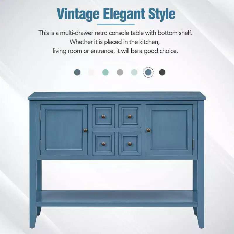 Consolle vintage con 4 cassetti e ripiano – Grigio antico / Blu scuro / Blu marino chiaro / Bianco lime / Blu retrò / Bianco – Montaggio da 1 persona
