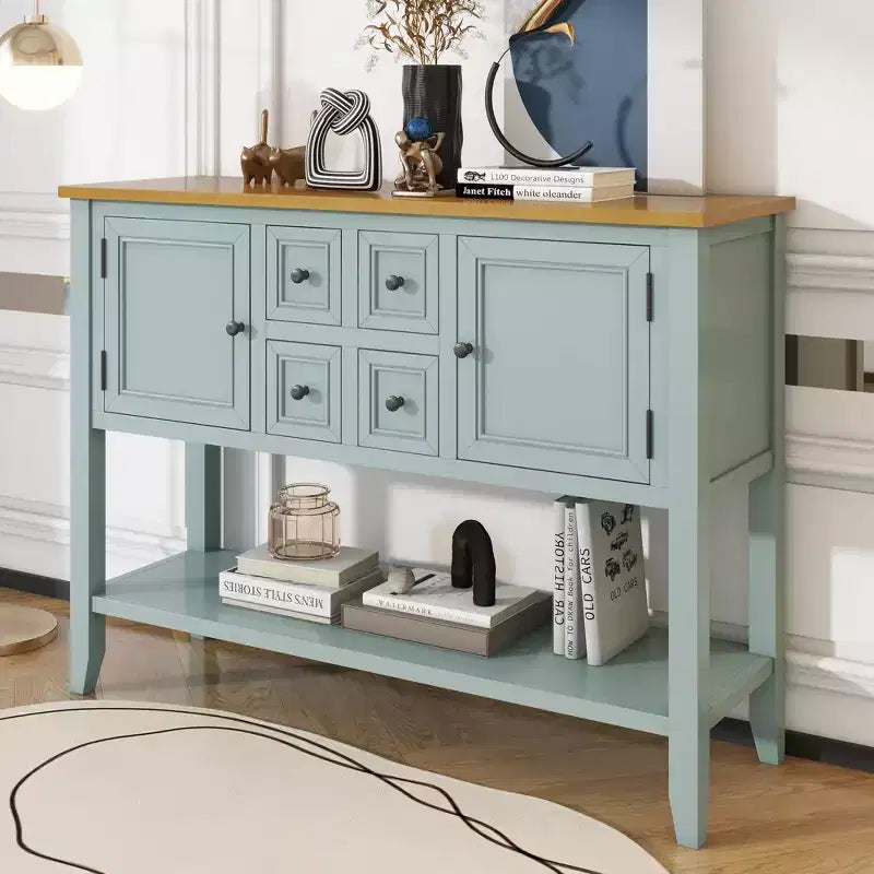 Consolle vintage con 4 cassetti e ripiano – Grigio antico / Blu scuro / Blu marino chiaro / Bianco lime / Blu retrò / Bianco – Montaggio da 1 persona