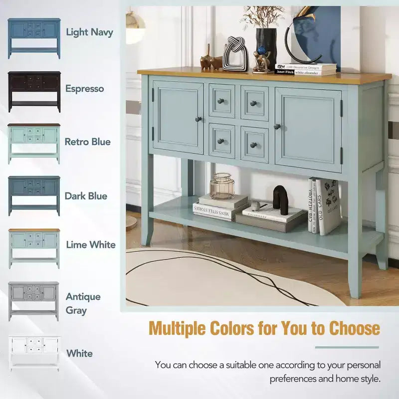 Consolle vintage con 4 cassetti e ripiano – Grigio antico / Blu scuro / Blu marino chiaro / Bianco lime / Blu retrò / Bianco – Montaggio da 1 persona