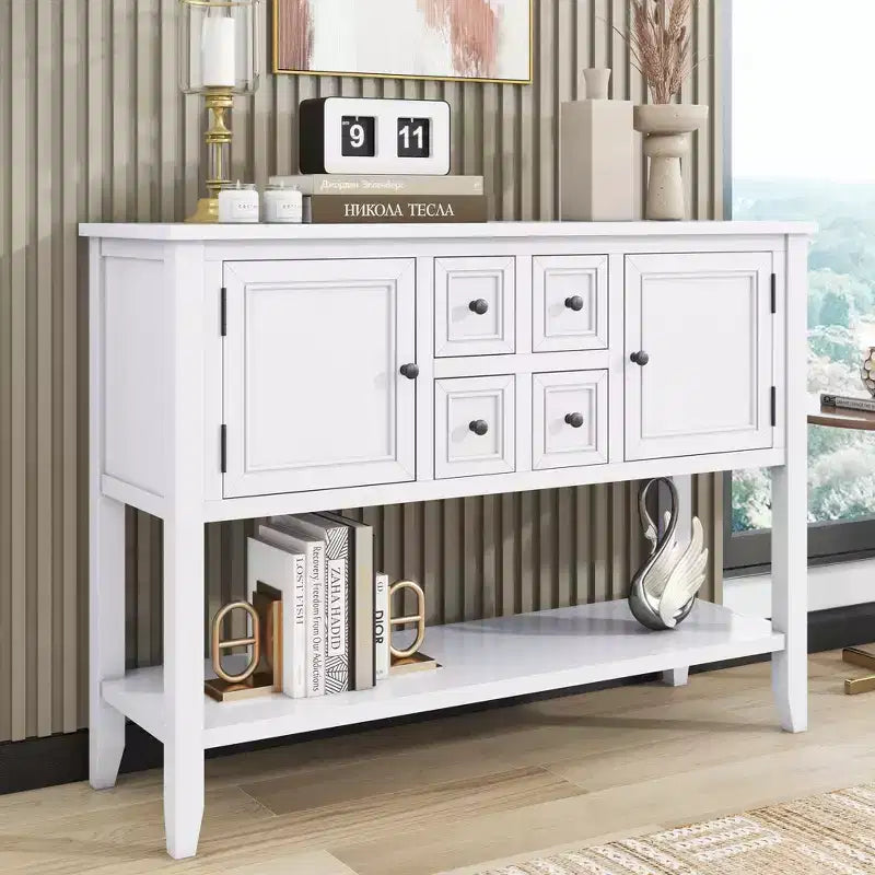 Consolle vintage con 4 cassetti e ripiano – Grigio antico / Blu scuro / Blu marino chiaro / Bianco lime / Blu retrò / Bianco – Montaggio da 1 persona