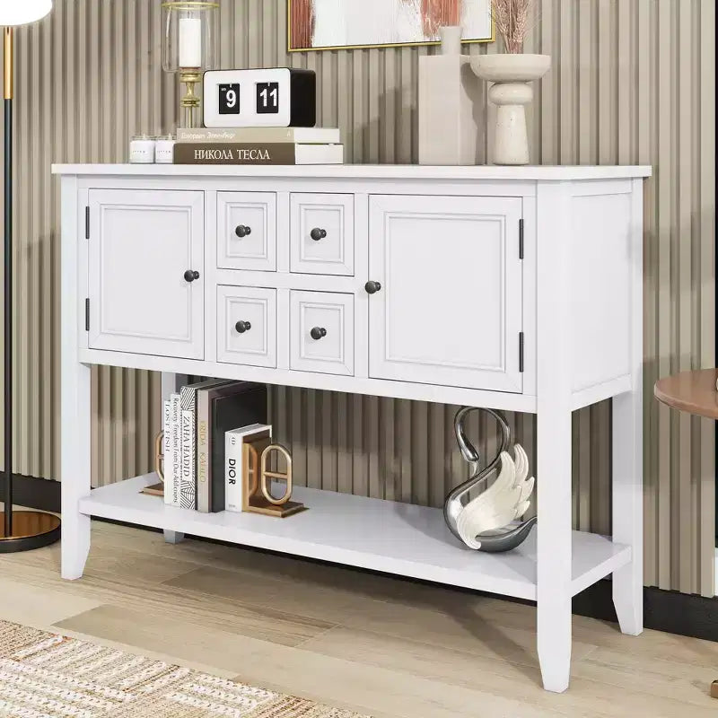 Consolle vintage con 4 cassetti e ripiano – Grigio antico / Blu scuro / Blu marino chiaro / Bianco lime / Blu retrò / Bianco – Montaggio da 1 persona