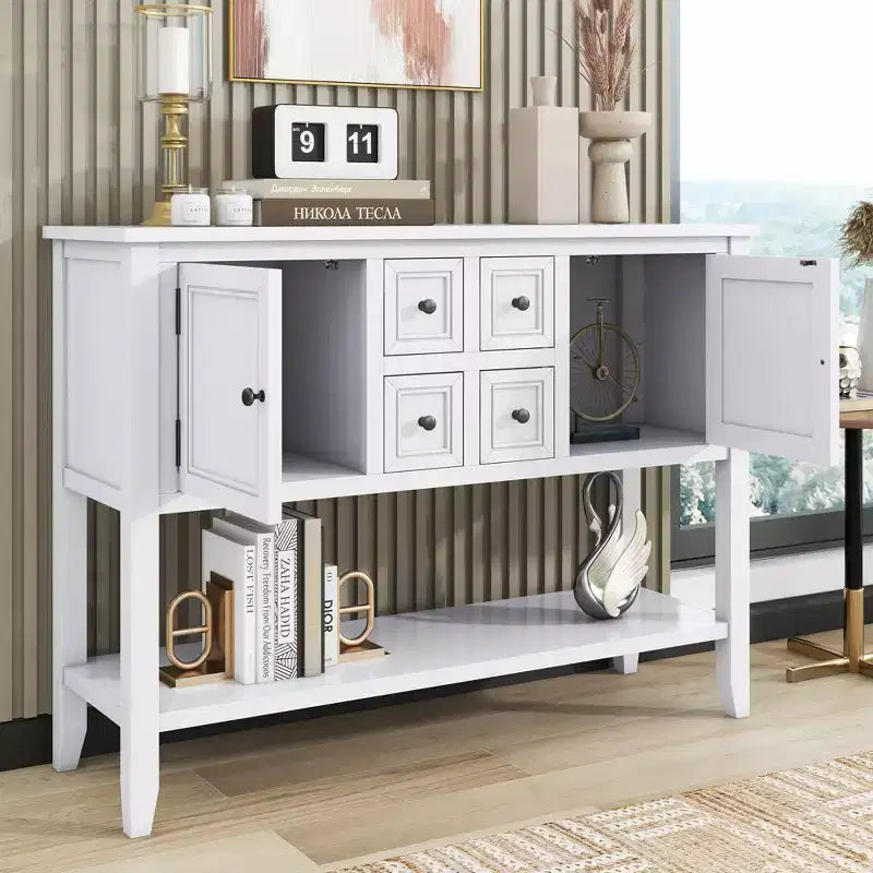 Consolle vintage con 4 cassetti e ripiano – Grigio antico / Blu scuro / Blu marino chiaro / Bianco lime / Blu retrò / Bianco – Montaggio da 1 persona