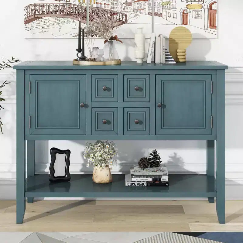 Consolle vintage con 4 cassetti e ripiano – Grigio antico / Blu scuro / Blu marino chiaro / Bianco lime / Blu retrò / Bianco – Montaggio da 1 persona