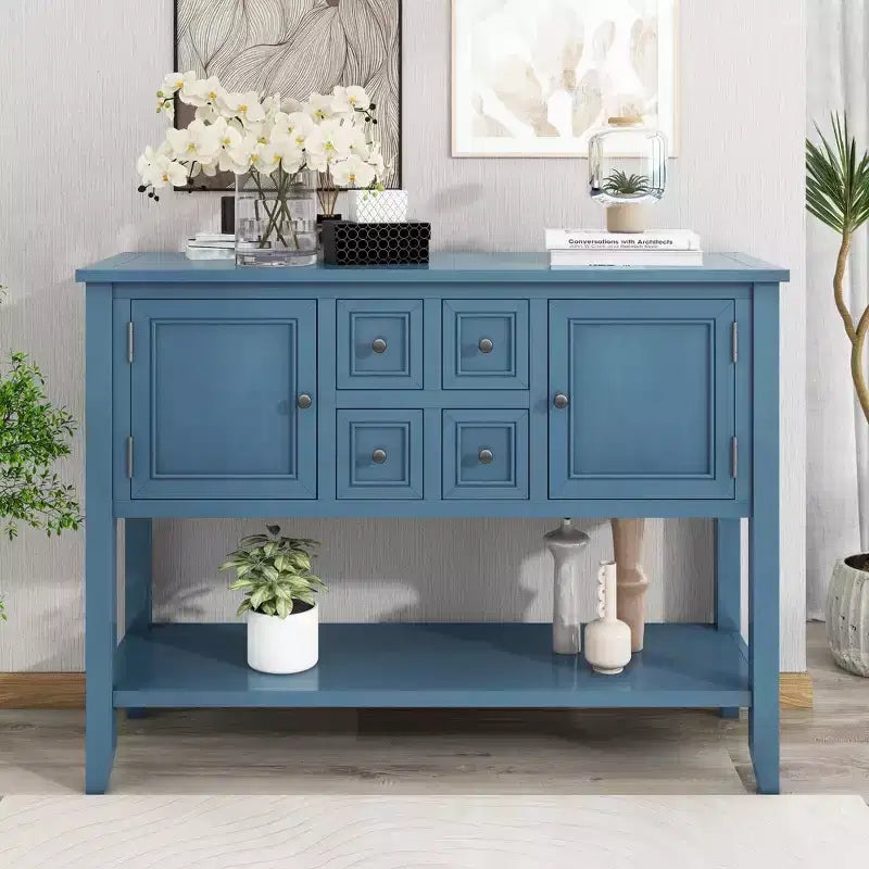 Consolle vintage con 4 cassetti e ripiano – Grigio antico / Blu scuro / Blu marino chiaro / Bianco lime / Blu retrò / Bianco – Montaggio da 1 persona
