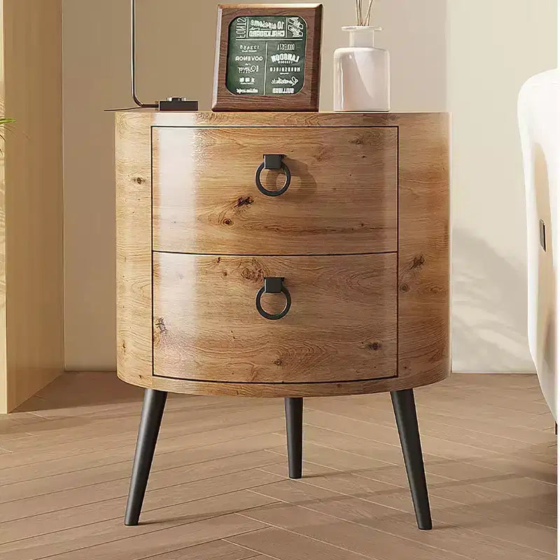 Golden Willow / Comodino rotondo naturale con 2 cassetti, gambe in metallo, per 1 persona