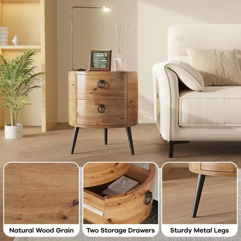 Golden Willow / Comodino rotondo naturale con 2 cassetti, gambe in metallo, per 1 persona