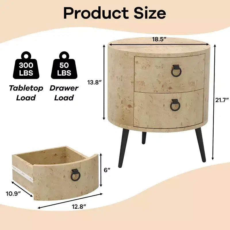 Golden Willow / Comodino rotondo naturale con 2 cassetti, gambe in metallo, per 1 persona