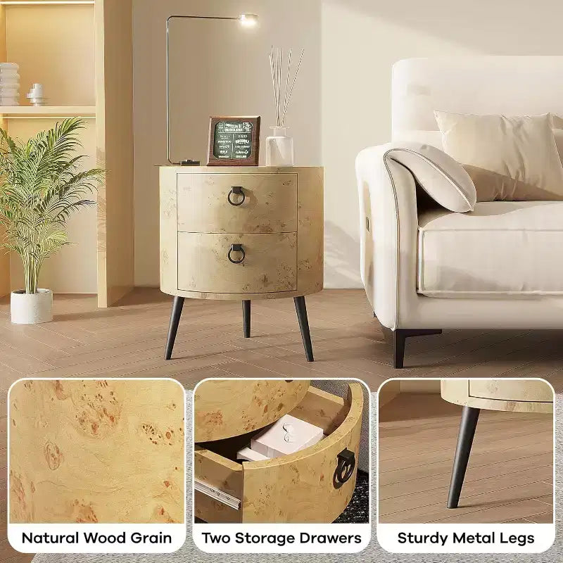 Golden Willow / Comodino rotondo naturale con 2 cassetti, gambe in metallo, per 1 persona