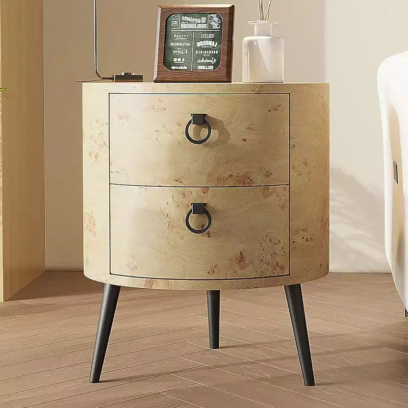 Golden Willow / Comodino rotondo naturale con 2 cassetti, gambe in metallo, per 1 persona