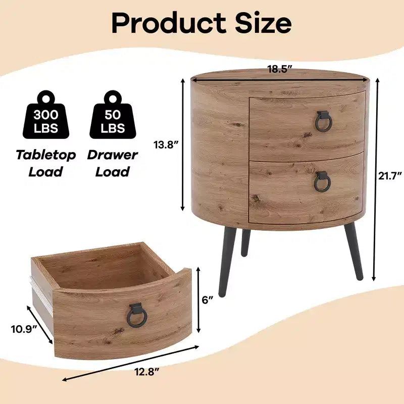 Golden Willow / Comodino rotondo naturale con 2 cassetti, gambe in metallo, per 1 persona