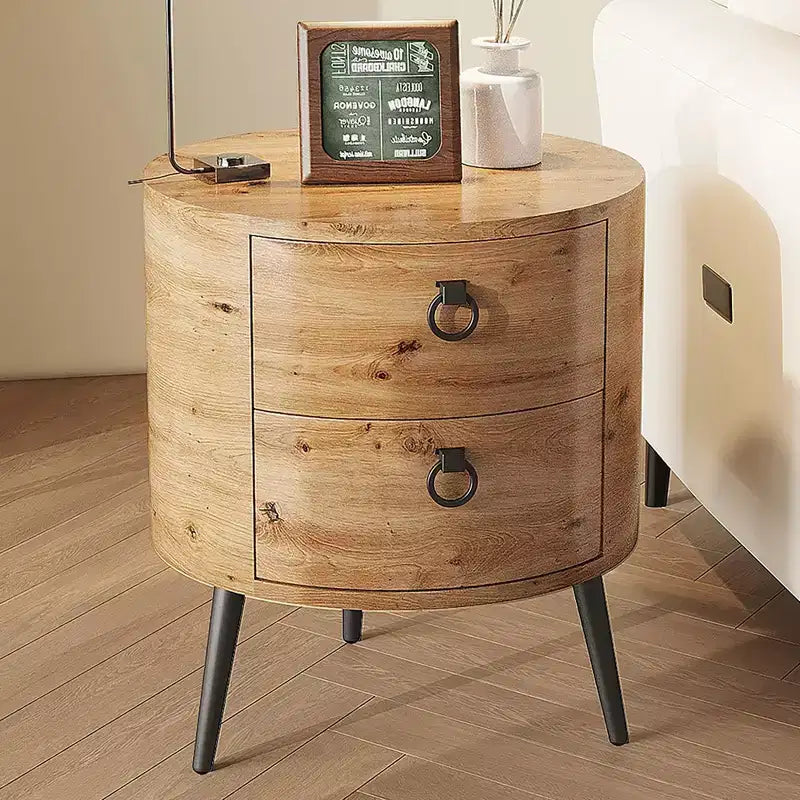 Golden Willow / Comodino rotondo naturale con 2 cassetti, gambe in metallo, per 1 persona