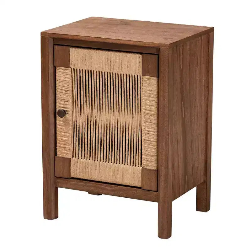 Comodino in Legno Bohemien Marrone con Anta a Rete in Corda
