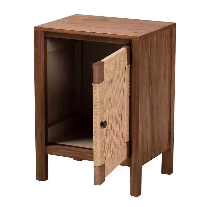 Comodino in Legno Bohemien Marrone con Anta a Rete in Corda