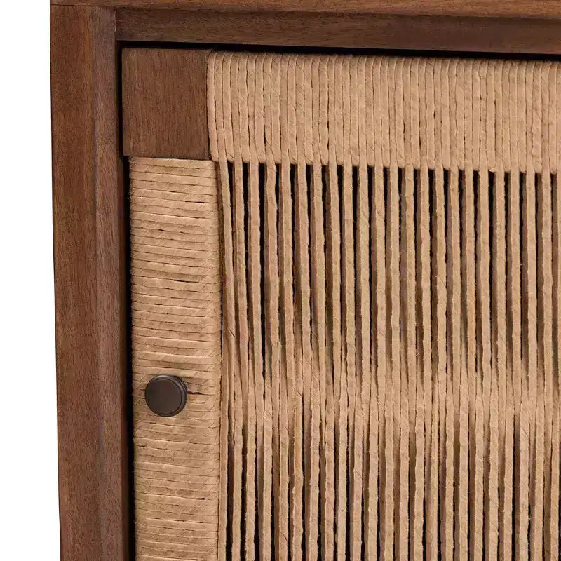 Comodino in Legno Bohemien Marrone con Anta a Rete in Corda
