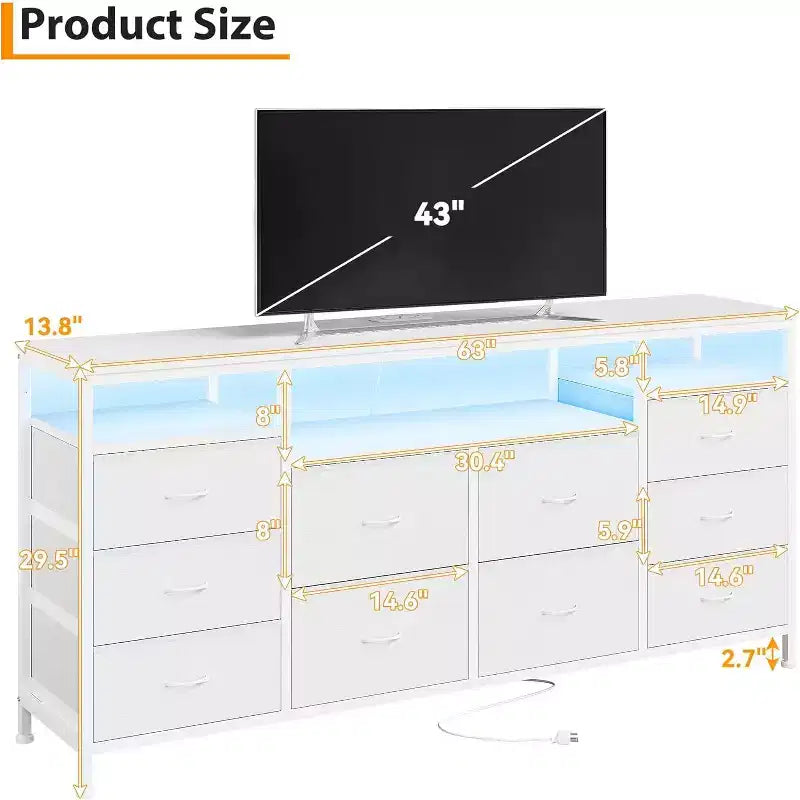 Mobile TV e cassettiera in tessuto a 10 cassetti, nero/bianco, 160 cm L, adatto per TV fino a 75"