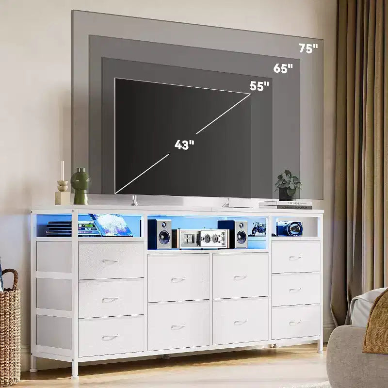 Mobile TV e cassettiera in tessuto a 10 cassetti, nero/bianco, 160 cm L, adatto per TV fino a 75"
