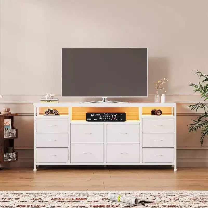 Mobile TV e cassettiera in tessuto a 10 cassetti, nero/bianco, 160 cm L, adatto per TV fino a 75"
