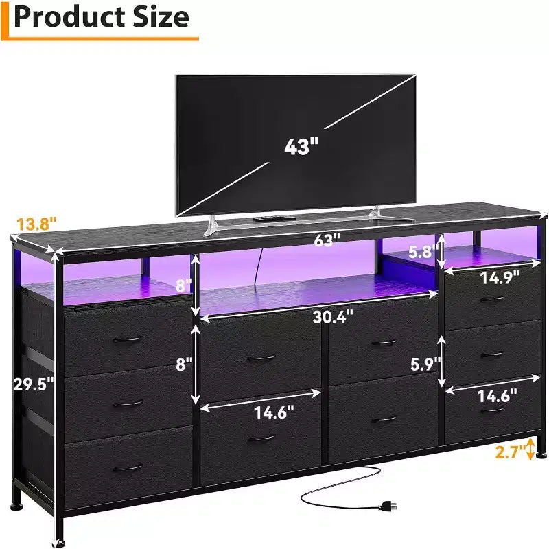 Mobile TV e cassettiera in tessuto a 10 cassetti, nero/bianco, 160 cm L, adatto per TV fino a 75"