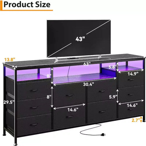 Mobile TV e cassettiera in tessuto a 10 cassetti, nero/bianco, 160 cm L, adatto per TV fino a 75"