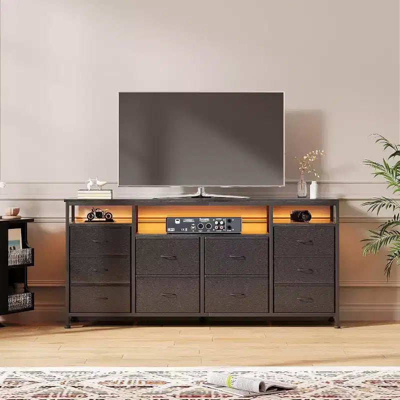 Mobile TV e cassettiera in tessuto a 10 cassetti, nero/bianco, 160 cm L, adatto per TV fino a 75"