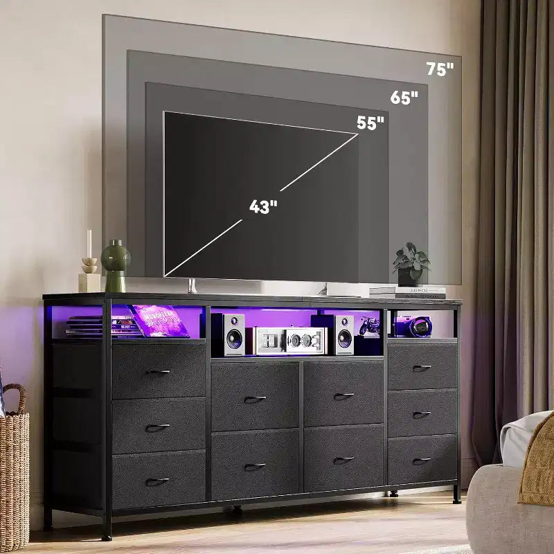 Mobile TV e cassettiera in tessuto a 10 cassetti, nero/bianco, 160 cm L, adatto per TV fino a 75"