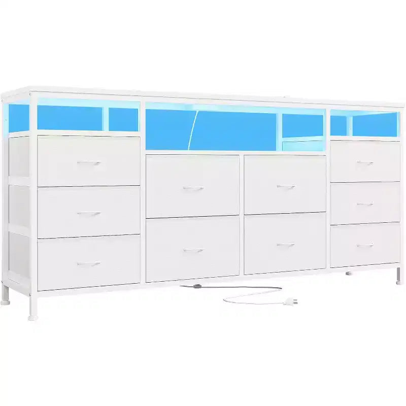 Mobile TV e cassettiera in tessuto a 10 cassetti, nero/bianco, 160 cm L, adatto per TV fino a 75"