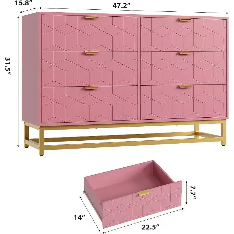 Comò doppio rosa a 6 cassetti con maniglie dorate – 1 persona