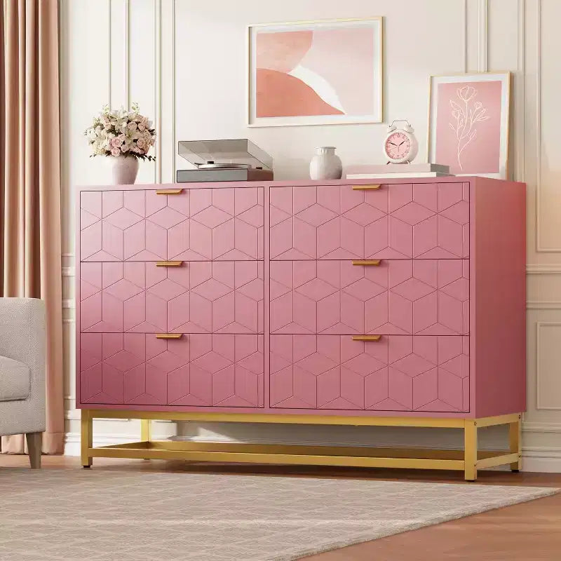 Comò doppio rosa a 6 cassetti con maniglie dorate – 1 persona