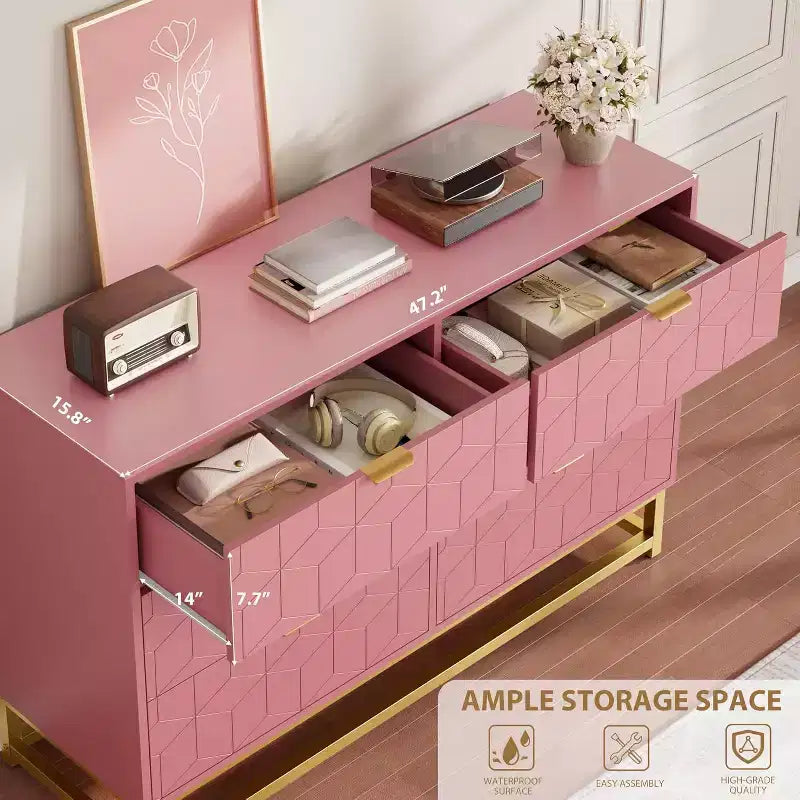 Comò doppio rosa a 6 cassetti con maniglie dorate – 1 persona