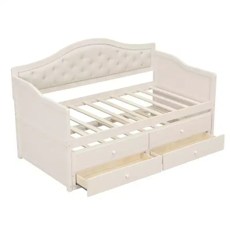 Daybed singolo imbottito beige / nero / noce con letto estraibile e 2 cassetti, per 2 persone