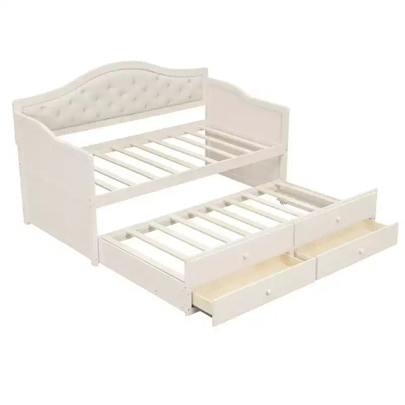 Daybed singolo imbottito beige / nero / noce con letto estraibile e 2 cassetti, per 2 persone