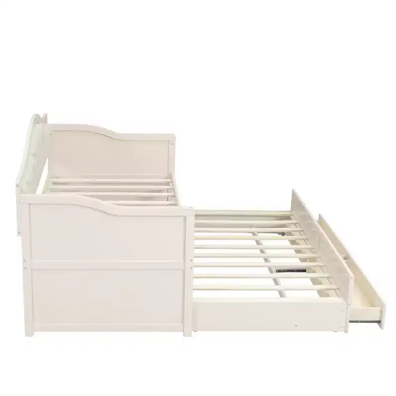 Daybed singolo imbottito beige / nero / noce con letto estraibile e 2 cassetti, per 2 persone