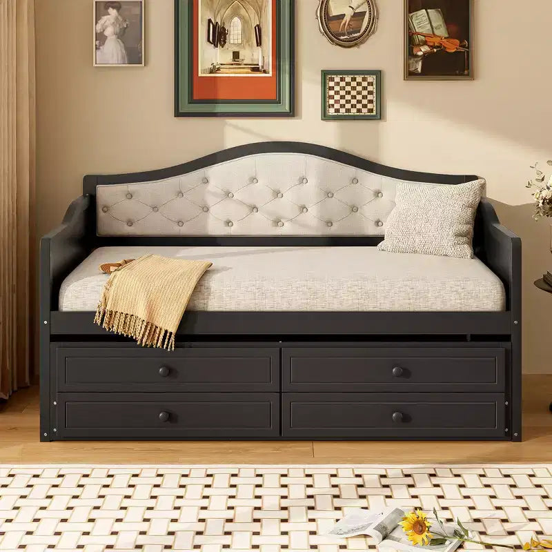 Daybed singolo imbottito beige / nero / noce con letto estraibile e 2 cassetti, per 2 persone