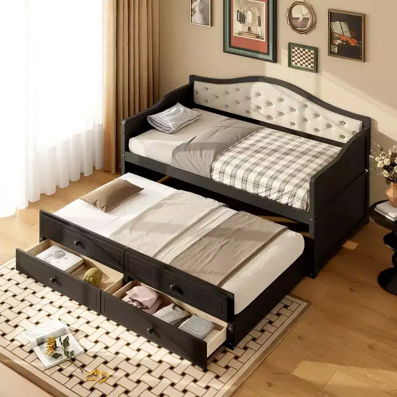 Daybed singolo imbottito beige / nero / noce con letto estraibile e 2 cassetti, per 2 persone