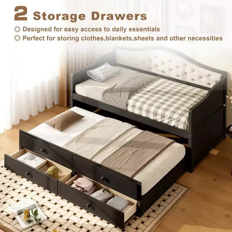 Daybed singolo imbottito beige / nero / noce con letto estraibile e 2 cassetti, per 2 persone