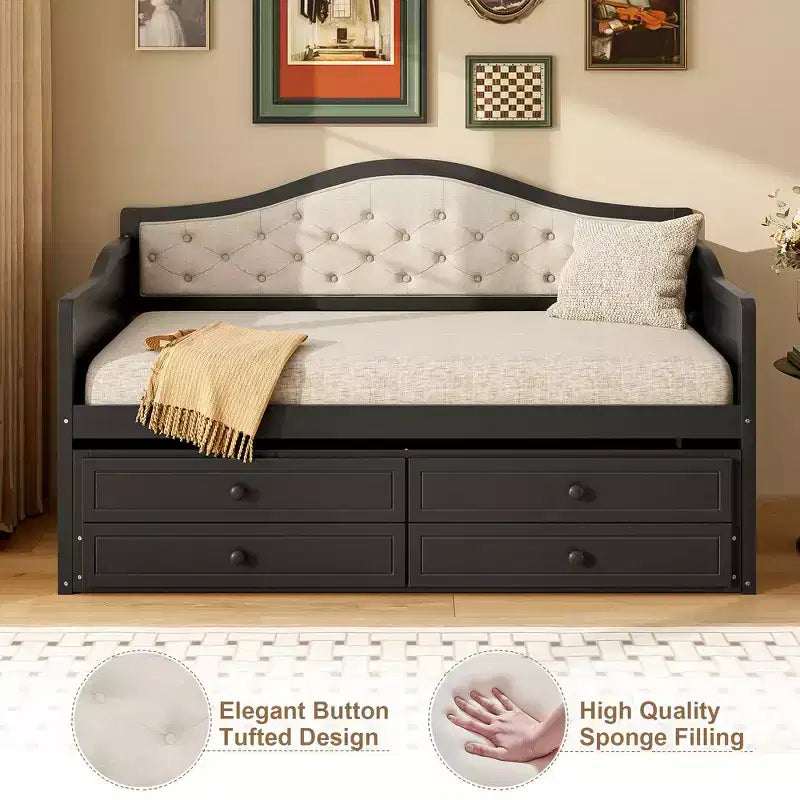 Daybed singolo imbottito beige / nero / noce con letto estraibile e 2 cassetti, per 2 persone