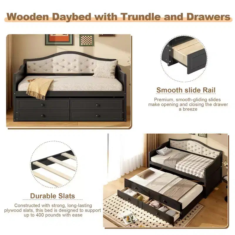 Daybed singolo imbottito beige / nero / noce con letto estraibile e 2 cassetti, per 2 persone