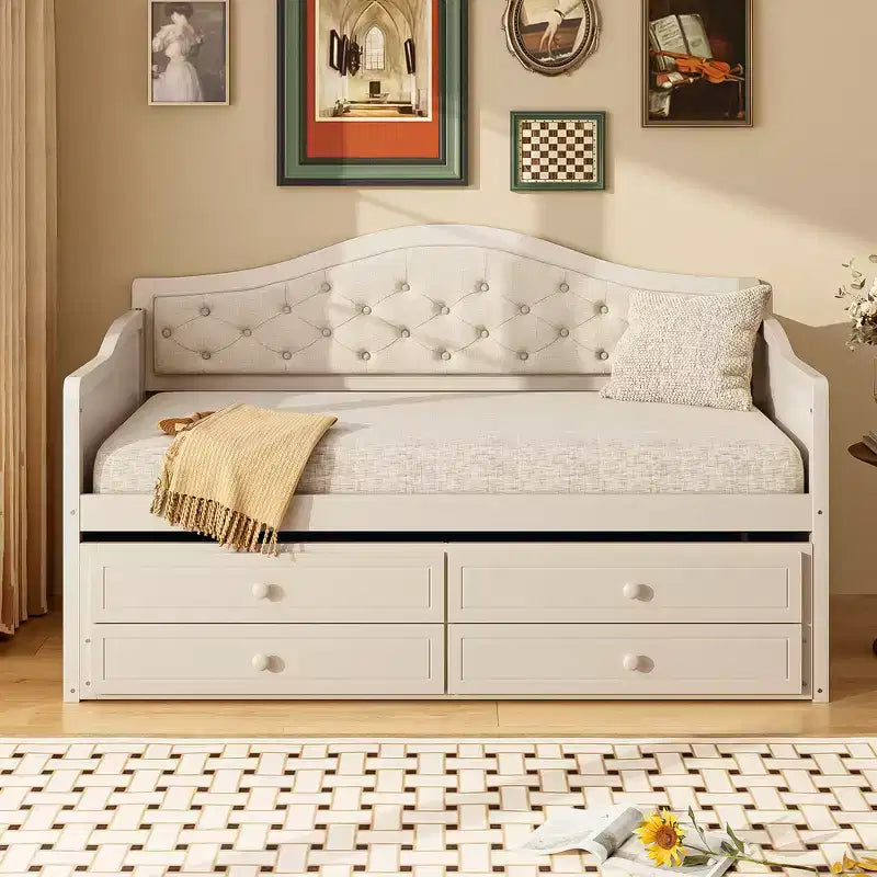 Daybed singolo imbottito beige / nero / noce con letto estraibile e 2 cassetti, per 2 persone
