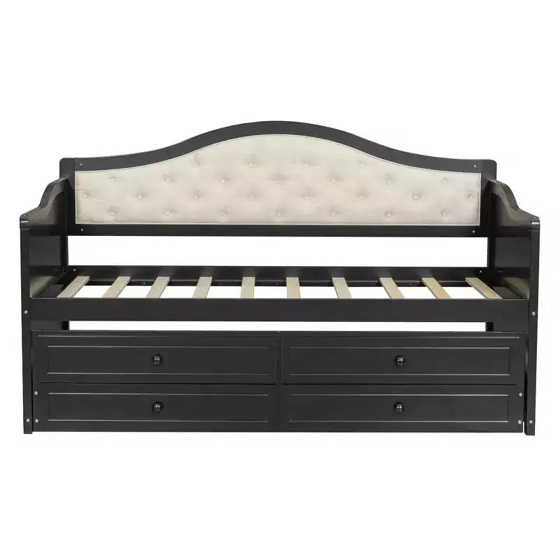 Daybed singolo imbottito beige / nero / noce con letto estraibile e 2 cassetti, per 2 persone