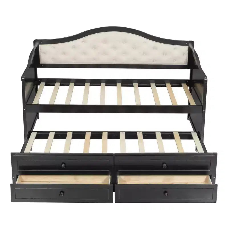 Daybed singolo imbottito beige / nero / noce con letto estraibile e 2 cassetti, per 2 persone