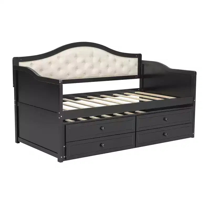 Daybed singolo imbottito beige / nero / noce con letto estraibile e 2 cassetti, per 2 persone