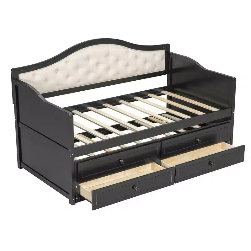Daybed singolo imbottito beige / nero / noce con letto estraibile e 2 cassetti, per 2 persone