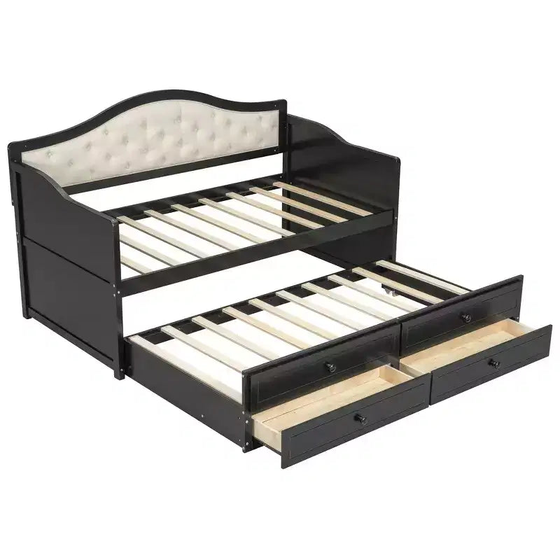 Daybed singolo imbottito beige / nero / noce con letto estraibile e 2 cassetti, per 2 persone